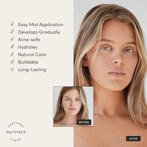 SALTYFACE - Tanning Water (Light to Medium) - Self Tanner for Face, Neck, Ears, Chest - No Color Transfer - Oil Free, Fragrance Free - Streak-Free, Non-Clogging - Vegan Skin Care - 1 FL OZ (30 ML)