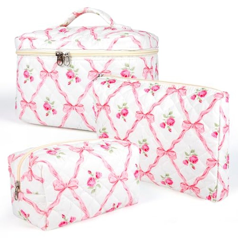 3Pcs Makeup Bag Set,Quilted makeup bag,Floral Cosmetic Bag for Women, Cute Cotton Cosmetic Bag, Wide-open Easy to Take, Flower Toiletry Organizer Bag