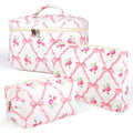 3Pcs Makeup Bag Set,Quilted makeup bag,Floral Cosmetic Bag for Women, Cute Cotton Cosmetic Bag, Wide-open Easy to Take, Flower Toiletry Organizer Bag