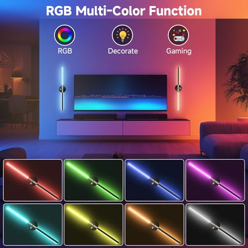 RGB Wall Sconce Set 28.5 Inch Black Wireless Dimmable 360° Rotatable LED Lights with Remote & Timer - Bedroom Living Room Decor