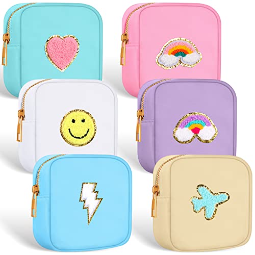 Zubebe 6 Pcs Preppy Patch Cute Makeup Bags Toiletry Bags Skincare Pouch Chenille Letter Nylon Bag for Purse Small Zipper Cosmetic Makeup Pouch Preppy Things for Travel(Cute Color)