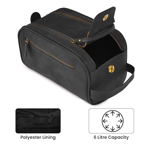 mds Genuine Leather Toiletry Bag for Men - Unisex Rustic Classic Vintage Handcrafted Full-Grain Leather Travel Dopp Kit with Waterproof Lining & Handle, Shaving & Grooming Kit Organizer Pouch - Black