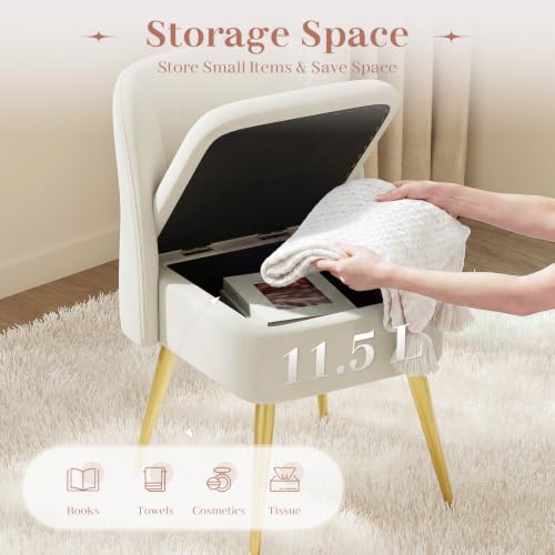 MALOL Beige Vanity Chair with Storage & Open Back, Adjustable Gold Metal Legs