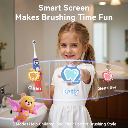Kids Electric Toothbrush with Pressure Sensor - Rechargeable, 8 Heads, Red