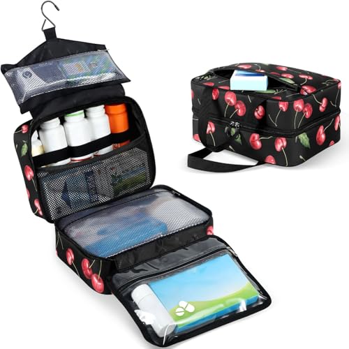 Large Travel Toiletry Bag for Women & Men, Hanging Organizer with Pockets, Black & Red Cherry