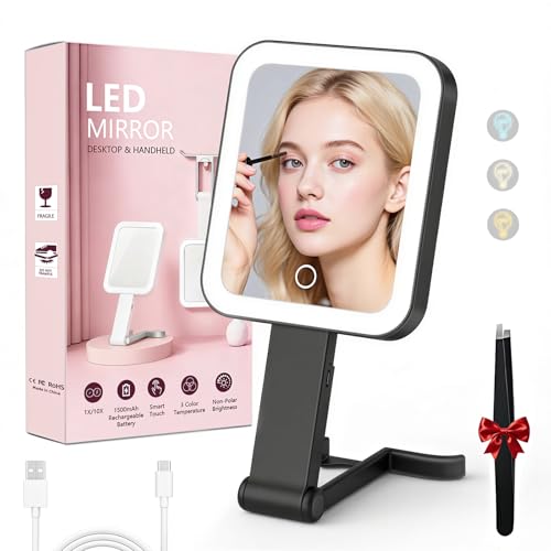 Rechargeable Travel Mirror with Lights 10X/1X Magnification, Dimmable LED, Compact