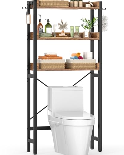 Over-The-Toilet Bathroom Storage Rack 3-Tier Rustic Brown Organizer Shelf with Hooks
