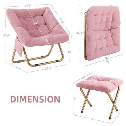 Foldable Faux Fur Lounge Chair - Pink Comfy Saucer Chair for Living Room & Bedroom