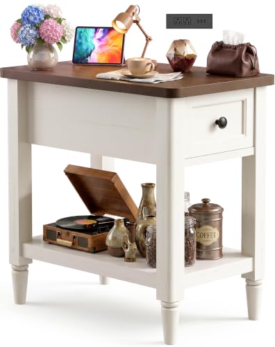 Narrow Rustic White Side Table with Charging Station - Cracked Oak Variation, 14" Wide