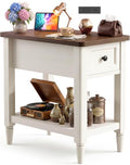 Narrow Rustic White Side Table with Charging Station - Cracked Oak Variation, 14" Wide