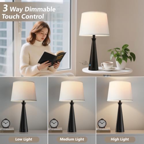 Seealle Black Base White Shade 3-Way Dimmable Touch Bedside Lamps Set of 2