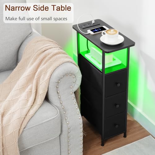 Narrow End Table with Charging Station & LED Light - Black, Set of 2