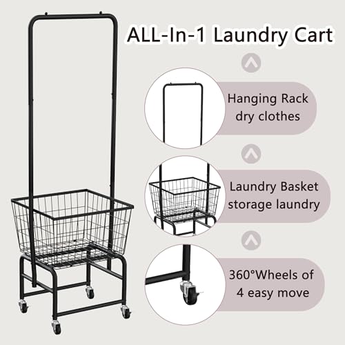 Rolling Laundry Cart with Wheels - Black Metal Hamper & Clothes Organizer with Hanging Rack