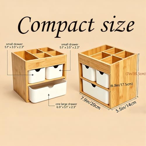 Bamboo Makeup Organizer with 3 Pink Drawers - 5.7"D x 8"W x 7.5"H, Adjustable Dividers