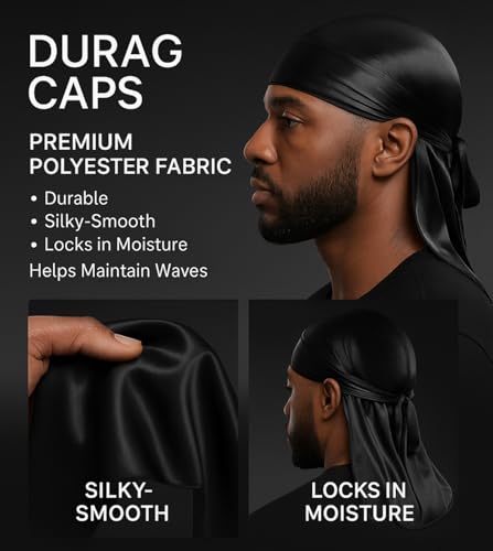 3PCS Silky Durags with Wave Brush Set for Men - Red, Black, Pearl White