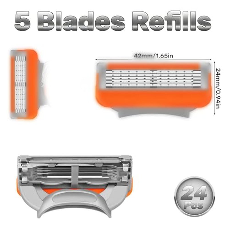 24 Pack Razor Blade Refills Compatible with 5 Razor ? 5-Layer Precision Anti-Friction Blades for Manual Wet Shaving ? Pivoting Head Design for Smooth