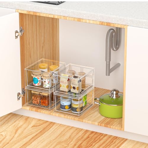 SpaceHacks 6-Pack Stackable Clear Makeup Organizers with Pull-Out Handles – Acrylic Vanity & Kitchen Storage Bins