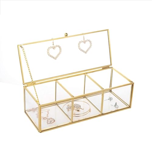 Gold Glass Jewelry Box with Compartments - Clear Display Canister Organizer for Jewelry & Trinkets