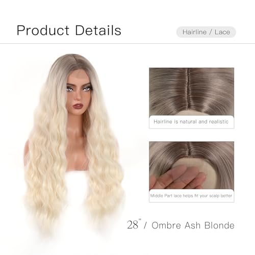 T-color Ombre Platinum Blonde Long Wavy Wig for Women 28 Inch Synthetic Curly Style