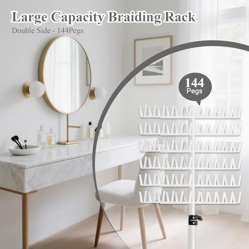White Braiding Hair Rack with 144 Pegs, Adjustable Standing Organizer for Hair Extensions