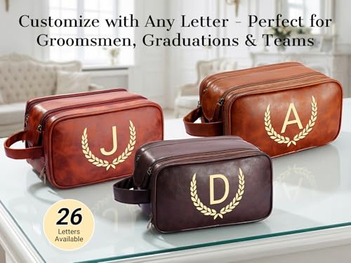Personalized Men's Toiletry Bag - Custom PU Leather Waterproof Travel Kit with Initial - Tea Brown, Small (S)