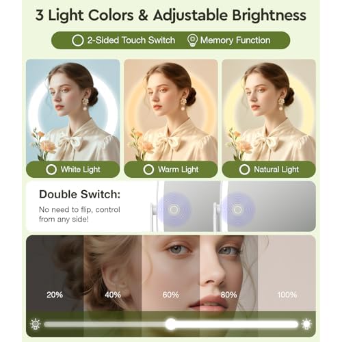 Height Adjustable Lighted Makeup Mirror with Lights and Magnification, 1X 20X Magnifying Mirror with Light 4000mAh Rechargeable, Tray Base and Phone Stand for Desk, Gifts for Women (White)