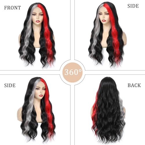 Black Wavy Wigs for Women 26 Inch Long with Red Grey Highlights - Middle Part Style