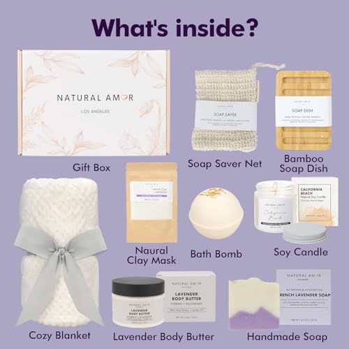 Natural Amor 8-Piece Spa Gift Set with Blanket ? Self-Care Box with Lavender Body Butter, Soap, Candle ? Blanket with Grey Ribbon Gift for Women, Birthday, Holiday