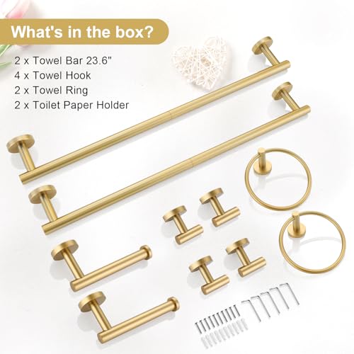 TQKAG Brushed Gold 10-Pieces Bath Hardware Set – SUS304 Stainless Towel Bar 23.6in, Rings, Hooks & Holders