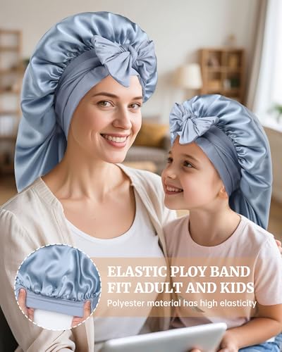 Mulberry Silk Bonnet for Long Hair - Sleeping Women & Kids, Haze Blue