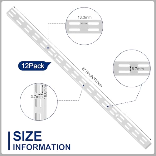 12 Pack 47.5 Inch White Dual Track Shelving Rails - Wall Mount Storage System