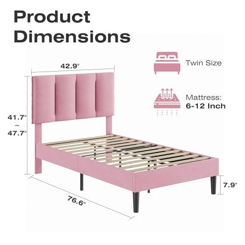 VECELO Twin Size Platform Bed Frame with Upholstered Pink Velvet Headboard - Easy Assembly