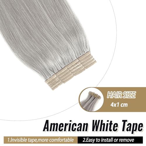 Silver Grey Hair Extensions Tape Ins 16 Inch Double Sided Seamless Human Hair