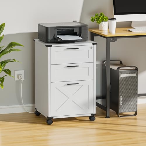 White Small Wood File Cabinet with Charging Station & Lock, 3 Drawers