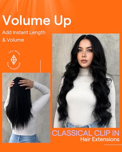 Full Shine Clip-In Human Hair Extensions - Jet Black, 22 Inch, 7pcs, 120g