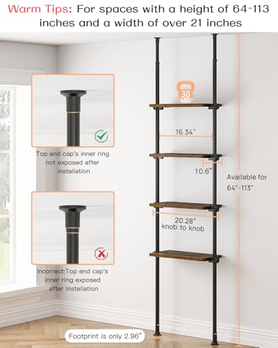 Tall Narrow Tension Mount Bookshelf - Rustic Brown 4-Tier for Small Spaces