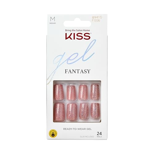 KISS Gel Fantasy, Press-On Nails, Nail glue included, 'Galaxy War', Medium Pink, Medium Size, Square Shape, Includes 24 Nails, 2g glue, 1 Manicure Stick, 1 Mini File