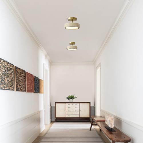 8-Inch Travertine Flush Mount Ceiling Light - Natural Stone & Gold Frame