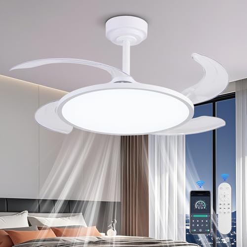 Retractable Ceiling Fan with Lights and Remote - 42 Inch White Fandelier with Dimmable Full Spectrum Light, Timer, Silent DC Motor
