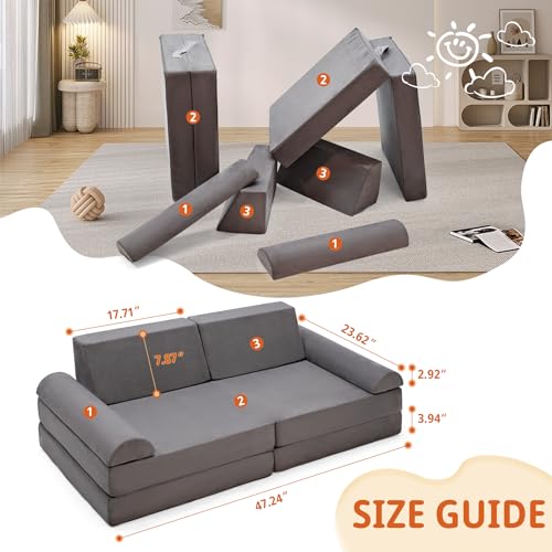 Grey 8-Piece Modular Kids Play Couch Convertible Foam Sofa Washable Cover