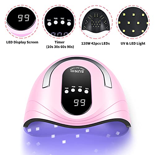 UV Gel Nail Lamp 120W LED Nail Light Fast Nail Dryer for Gel Polish Curing with 4 Timers Portable Handle Large Space Automatic Sensor(Pink)