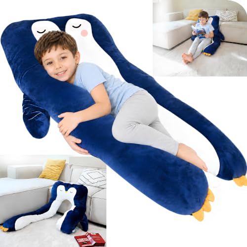 Penguin Kids Body Pillow - Blue U-Shape Plush Animal Pillow for Sleep & Comfort