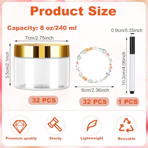 32 Pack 5 oz Plastic Jars with Gold Lids for Cosmetics Food Storage