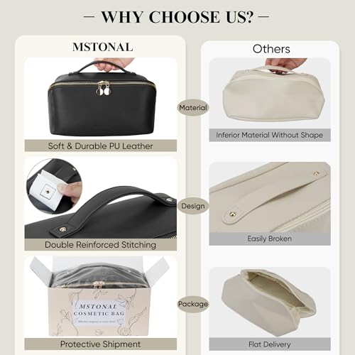 Travel Makeup Bag - Open Flat Cosmetic Organizer for Women, Medium Black - MSTONAL