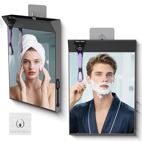 Wall Mount Anti Fog Mirror for Shower,Large Black Mirror for Bathroom,Hot Water Powered Defogging Shower Mirrors for Shaving for Women Makeup,Heated Makeup Mirror Hanging with Hook