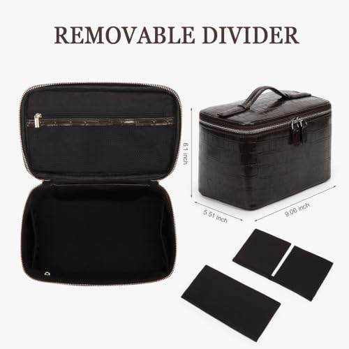 HiTotes Travel Makeup Bag Vanity Case for Women - Crocodile Leather, Coffee