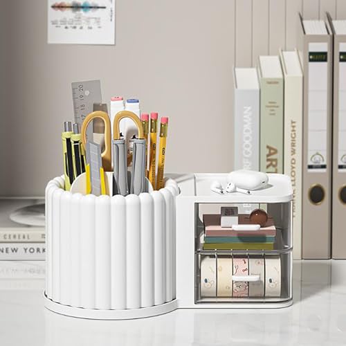 Anyoifax 360 Rotating Makeup Brush Holder 7 Slots Makeup Organizer with Drawer Removable Spinning Cosmetic Storage Pen Holder for Vanity, Dresser, Desk, White