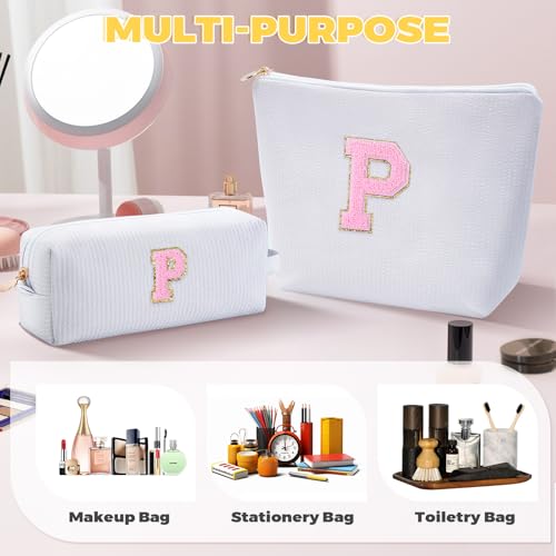 White Makeup Bag and Cosmetic Pouch Set - Personalized Initials Gift for Teen Girls Women