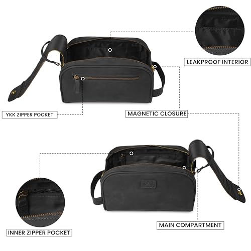 mds Genuine Leather Toiletry Bag for Men - Unisex Rustic Classic Vintage Handcrafted Full-Grain Leather Travel Dopp Kit with Waterproof Lining & Handle, Shaving & Grooming Kit Organizer Pouch - Black