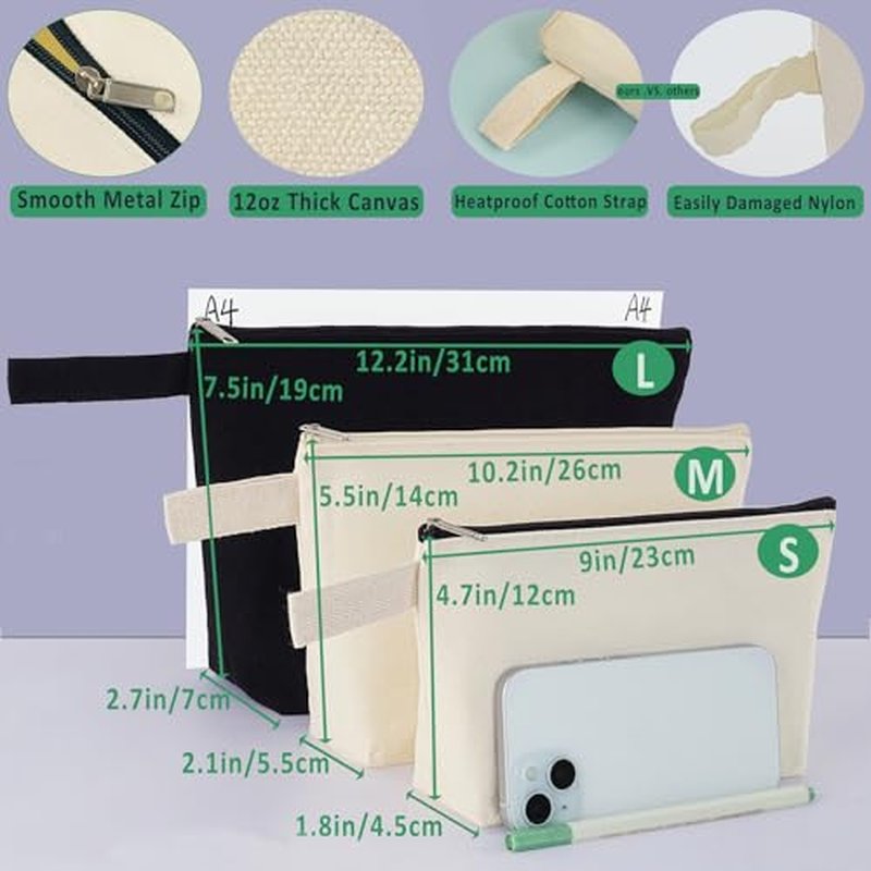 Canvas Zipper Pouch Bulk, Blank DIY Craft Case Blank Makeup Bag, Canvas Pencil Pouch Cosmetic Bag Multi-Purpose Travel Toiletry Zipper Bags (Beige, S, 9x4.7x1.5'')